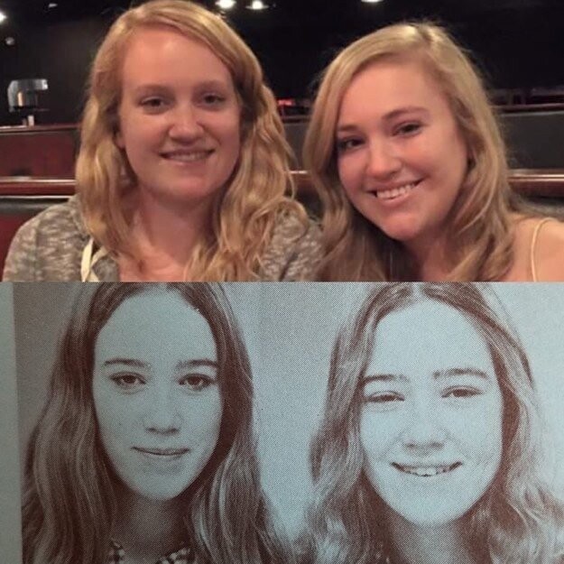 «На нижней фотографии моя мама с её сестрой-близняшкой, а на верхней я с сестрой»