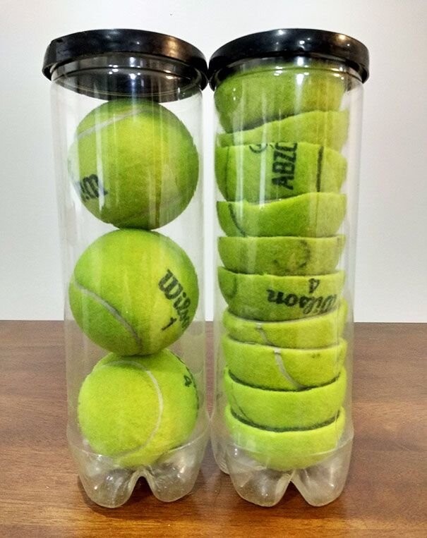 2. Если теннисные мячики порезать пополам, в двухлитровую бутылку их влезет в два раза больше!