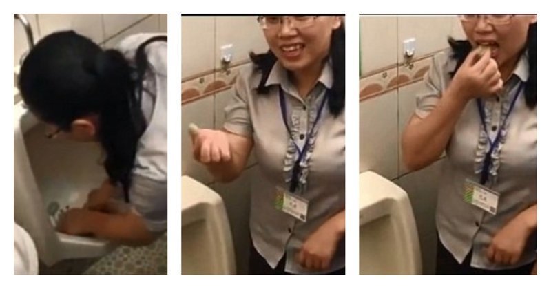Их нравы: чтобы доказать, что туалет чист, сотрудница пищевой компании поела из писсуара