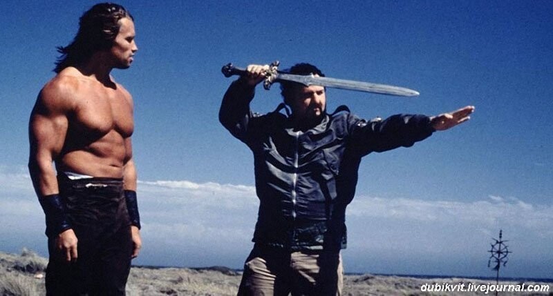 Арнольд Шварценеггер и Джон Милиус на съемках «Конана-варвара» (1981)