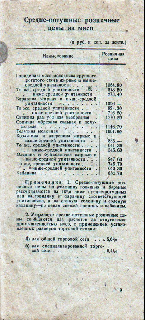 1940. Ленинград. Прейскурант на мясотовары