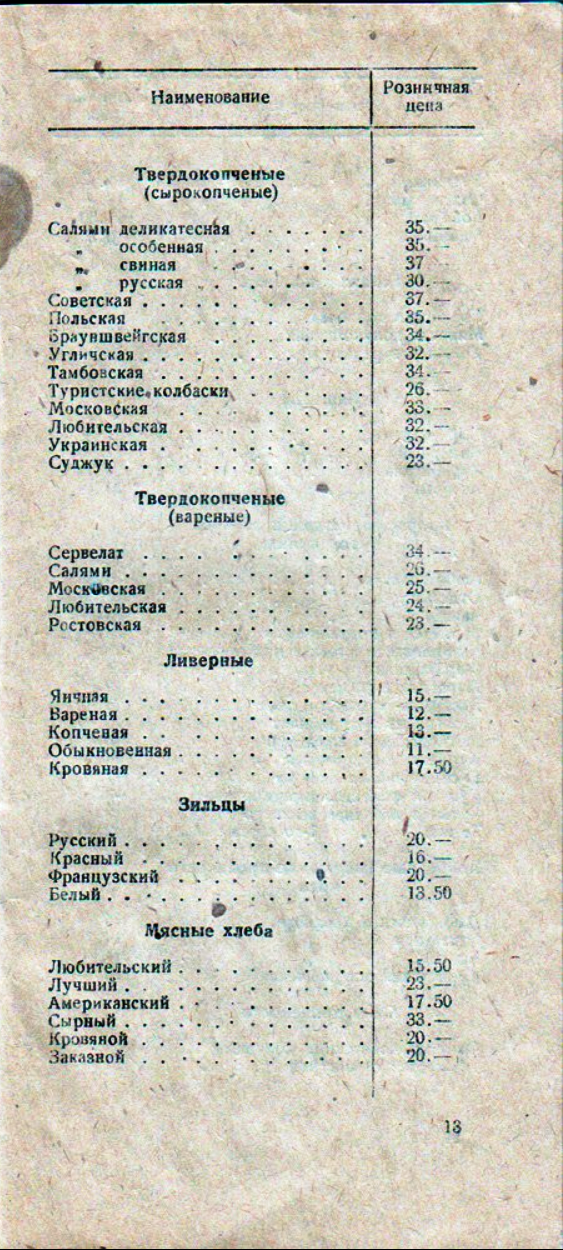 1940. Ленинград. Прейскурант на мясотовары