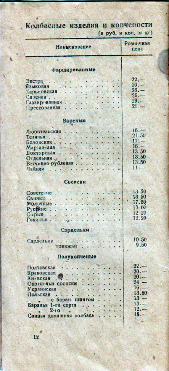 1940. Ленинград. Прейскурант на мясотовары