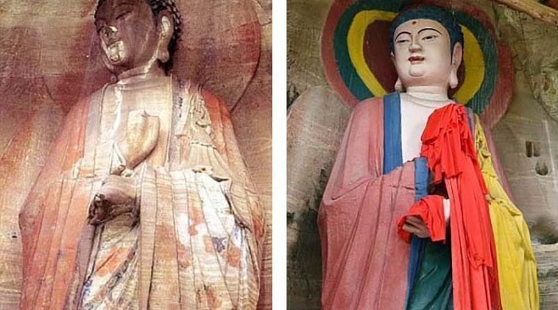Нелепая раскраска 1000-летней статуи Будды возмутила китайцев