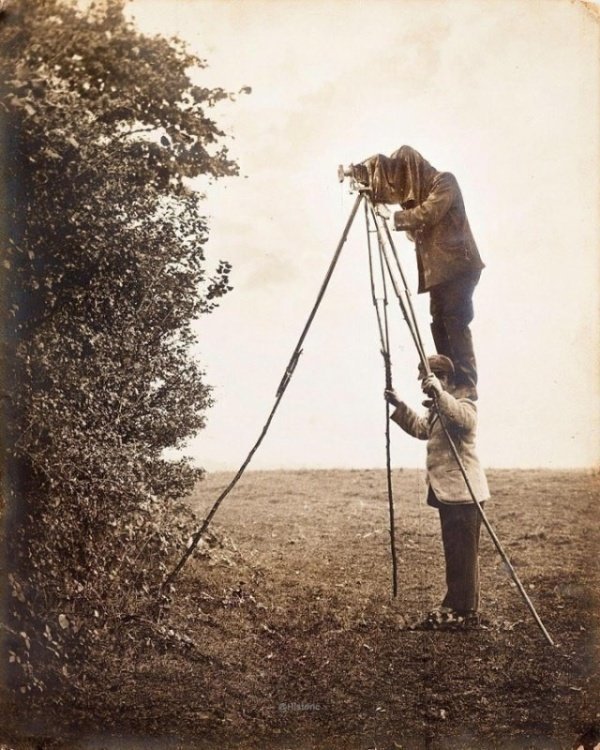 1890 год, английский фотограф дикой природы стоит на плечах своего ассистента, чтобы сфотографировать птичье гнездо