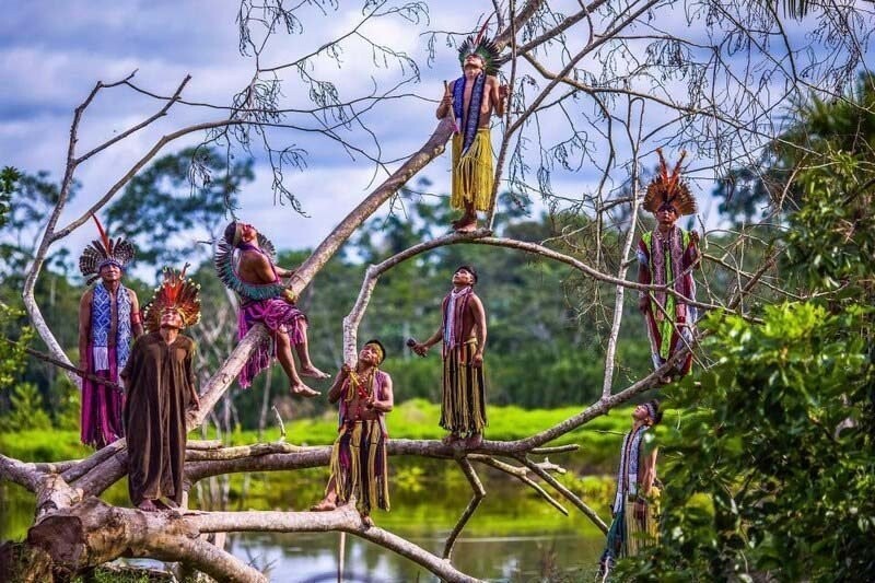 Представители племени Kaxinaw Indians идеально сочетаются с ветвями деревьев, расположенных в лесах возле в Амазонки, штат Акри, Бразилия