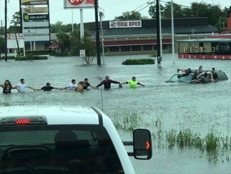 15. Люди объединились во время наводнения, чтобы вытащить семью из затопленной машины