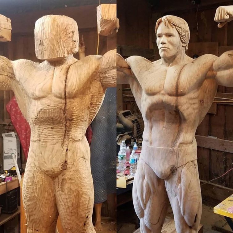 Художник вырезал статую Арнольда Шварценеггера из дерева, и она точная копия актёра