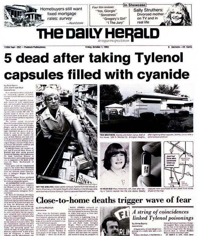 Заголовок The Daily Herald от 1 октября 1982-го года: 5 человек погибли после принятия капсул тайлеона с цианидом внутри