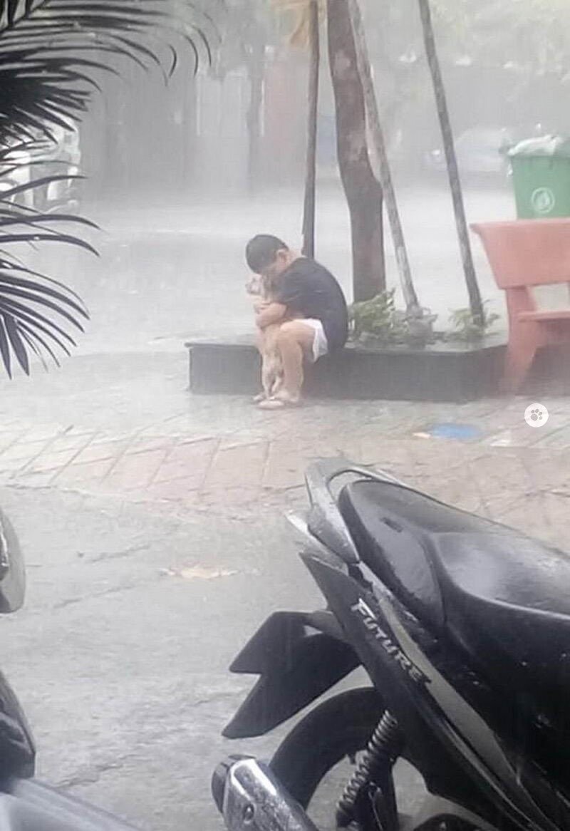 Спасает любимца от дождя
