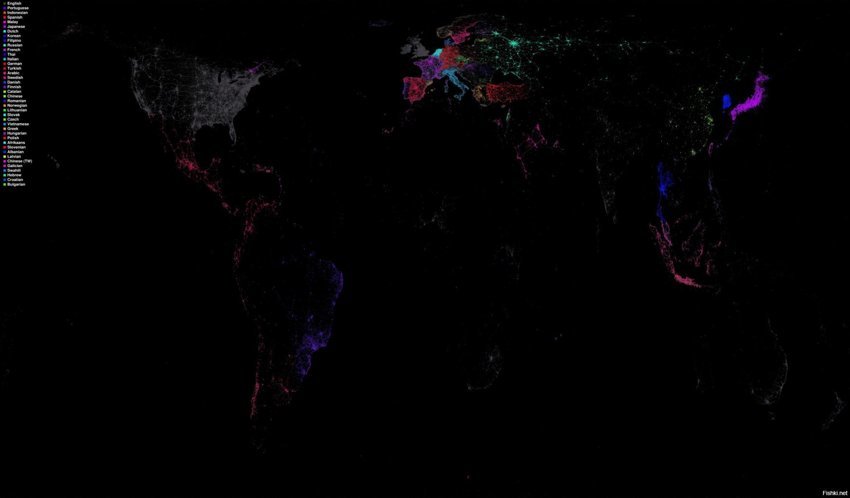 Детальная карта Мира, отображаемая сообщениями в Твиттер (Twitter), каждый цв...