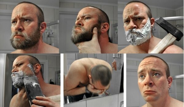 Суровый мужчина до и после бритья.