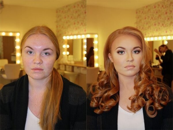 Девушка до и после макияжа и укладки.
