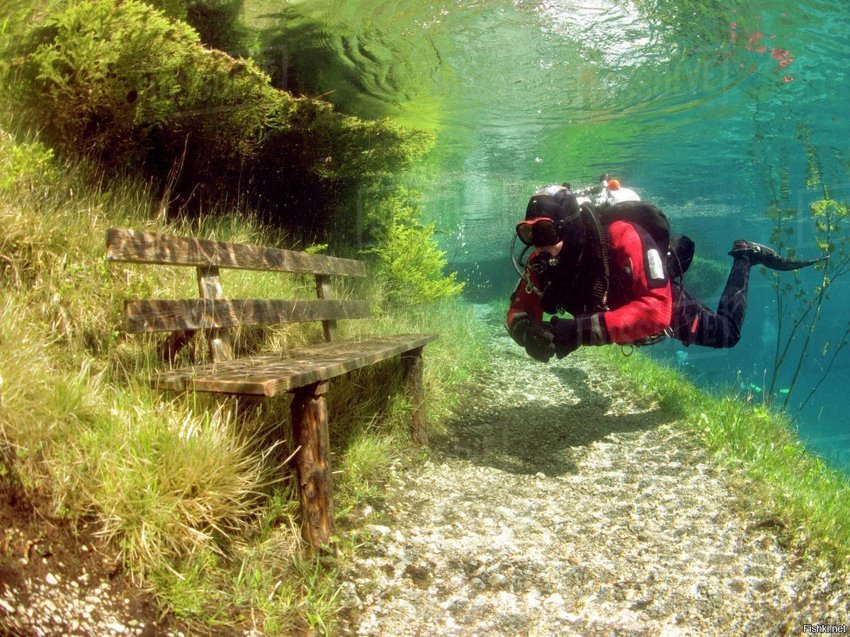 Озеро Gruener See в Австрии зимой имеет глубину 1-2 метра