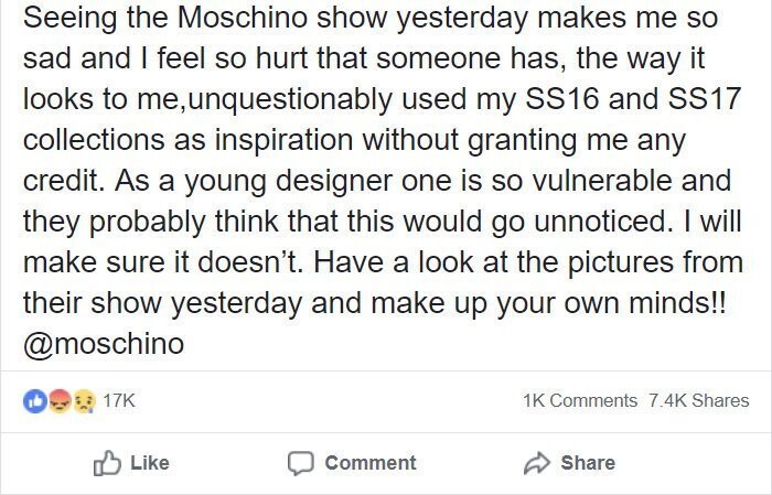 Карл у Клары: начинающий дизайнер обвиняет Moschino в плагиате
