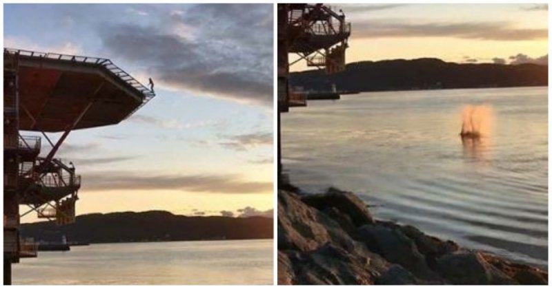 Неудачный прыжок экстремала с вертолётной площадки в воду попал на видео