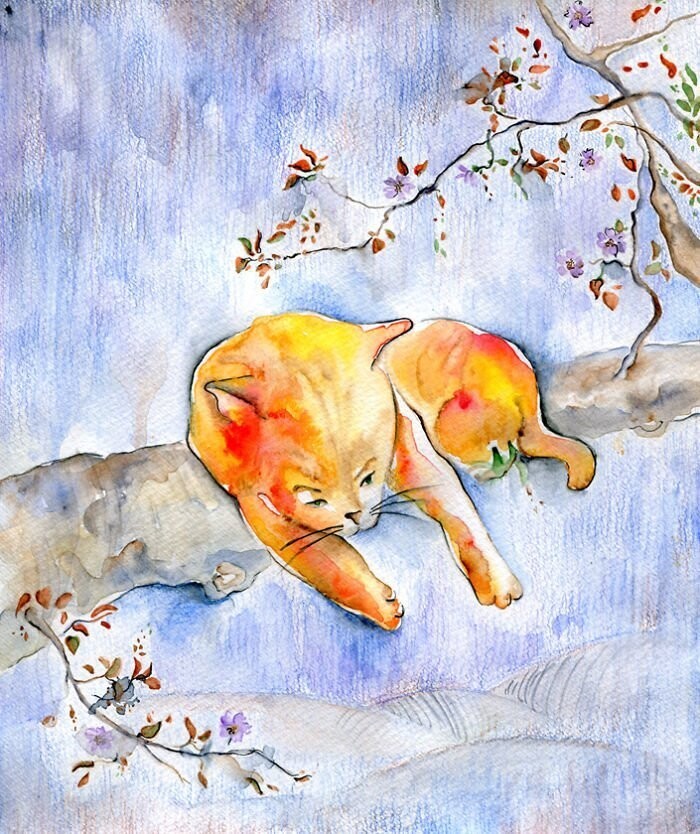 Кот в стиле традиционной японской живописи