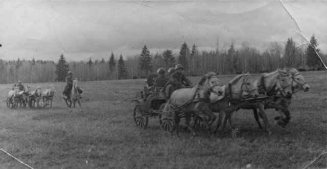 Советские пулеметные тачанки из состава частей 2-го гвардейского кавалерийского корпуса на марше. Брянский фронт, сентябрь 1943 года.