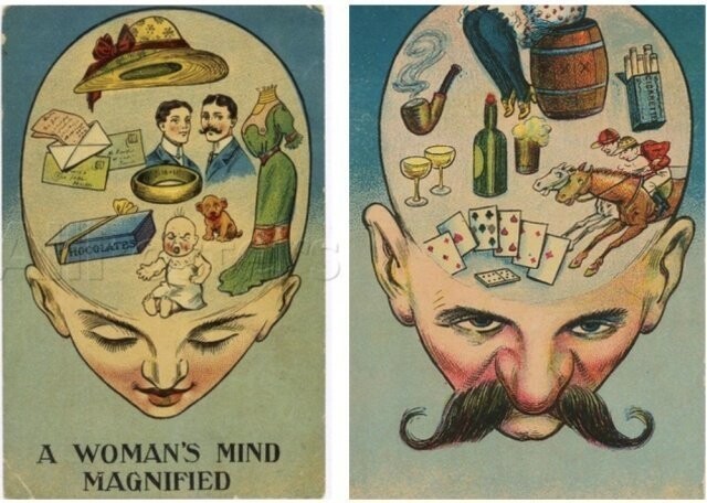Женский и мужской разум - английские открытки 1905 года.