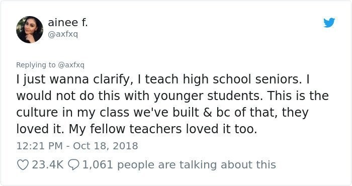 "Я хочу кое-что прояснить: я преподаю в старших классах. В младших классах я бы такое делать не стала"