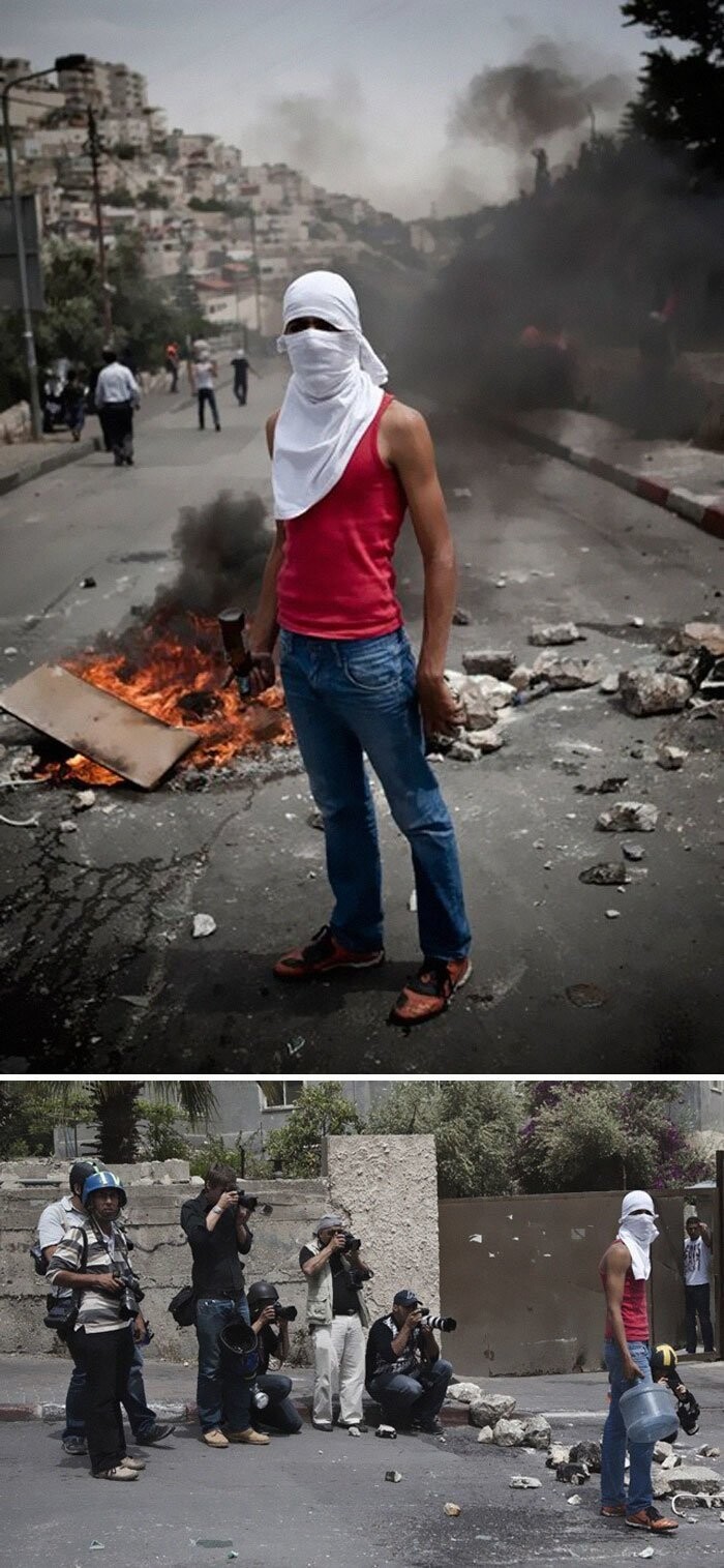 Антиизраильские протесты палестинских подростков. Юный герой на фоне огня...