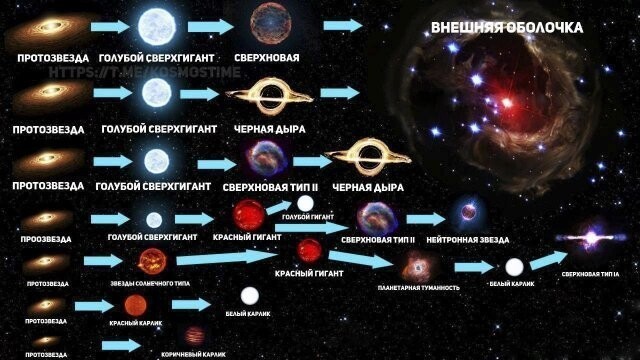 В зависимости от массы протозвезды образуются разные типы звезд, и у каждого типа свой эволюционный путь