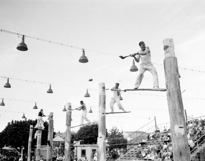 Соревнование дровосеков в Сиднее. Австралия, 1957 год.