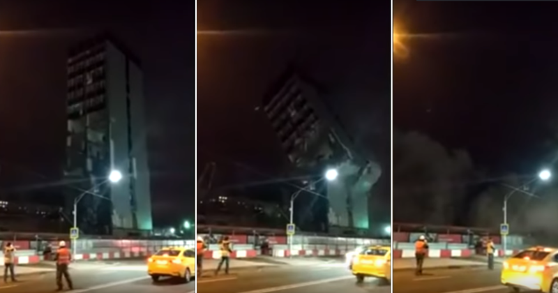 В Москве бизнес-центр рухнул прямо на проезжую часть: видео