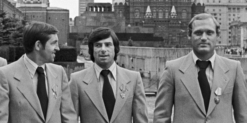 Хоккеисты Михайлов, Харламов, Петров на Красной площади,1978 год