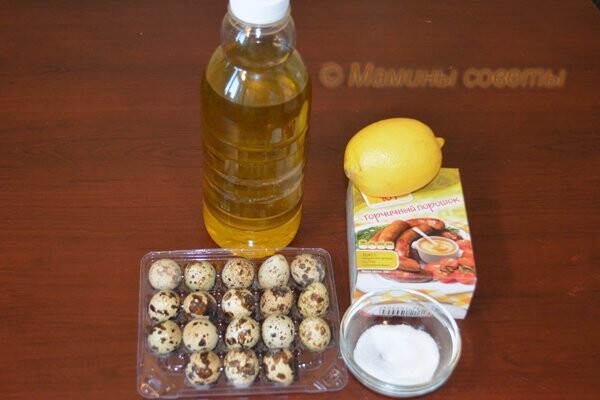 Продукты для полезного майонеза  Перепелиные яйца - 6 штуки, масло оливковое нерафинированное - 150-200 мл, горчица - 1/2-1 ч.л., сок лимона 1-2 ст.л., сахар 1 ч.л., соль по вкусу на кончике ножа.