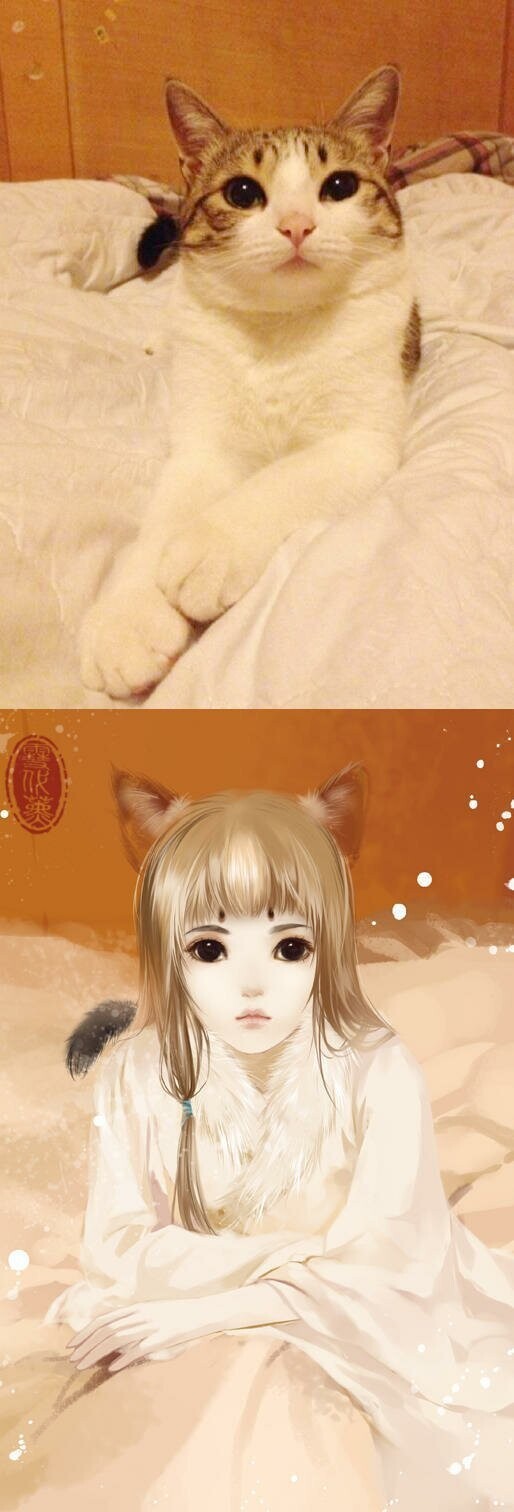 Китайская художница представила, как выглядели бы кошки, будь они девушками из аниме