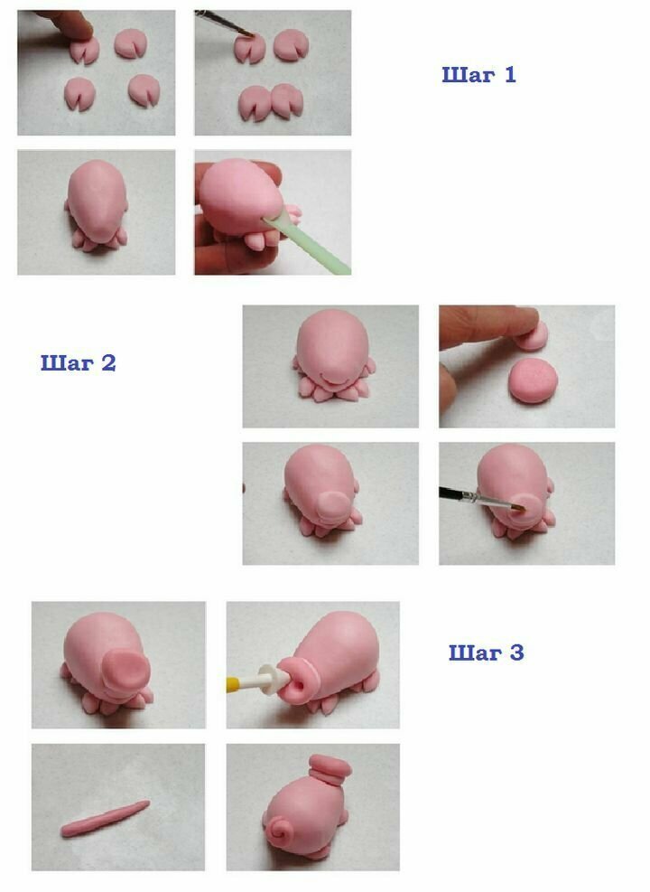 Используя пластилин или цветную детскую глину, можно в течение нескольких минут вылепить красивую и яркую свинью