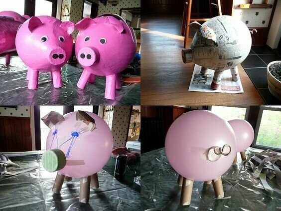 Можно сделать свинью, используя воздуный шар и папье-маше
