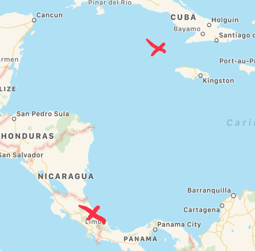 Порт Limo – место, откуда рыбаки отплыли, второй крестик около Кубы – место, где их подобрали