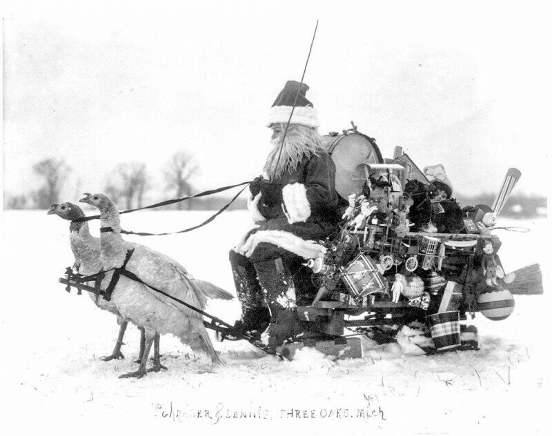 Санта-Клаус с подарками на санях запряженных индюшками, Мичиган, 1909 год.