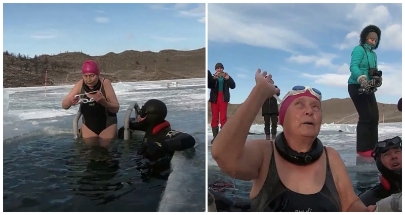 "Эти заплывы ужасны": 77-летняя бабулька из Сибири проплыла подо льдом Байкала