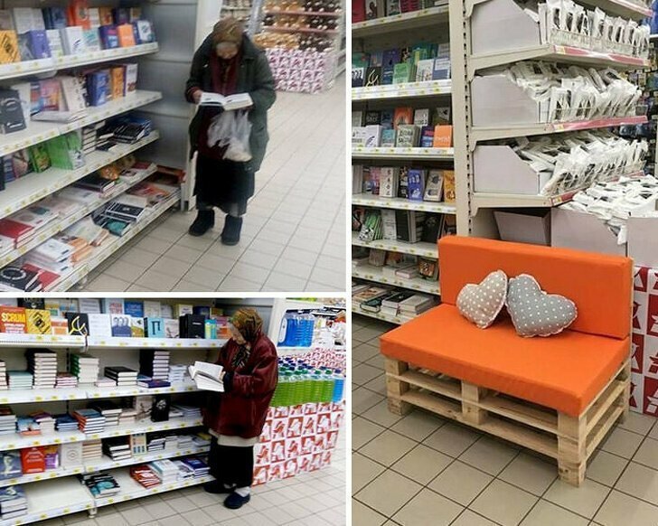 Бабушка каждый день приходит в магазин, чтобы почитать. Поэтому управляющий решил сделать для нее скамейку 