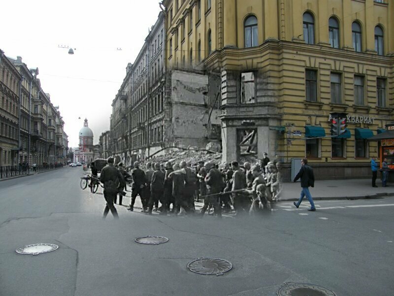 Ленинград 1942-2009 Угол Пестеля и Моховой. Пленные гитлеровцы на улицах осажденного города летом 1942 