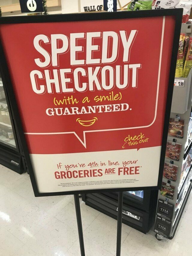Этот супермаркет гарантирует своим клиентам быстрое обслуживание, заявляя, что каждый 4-ый в очереди получает продукты бесплатно 