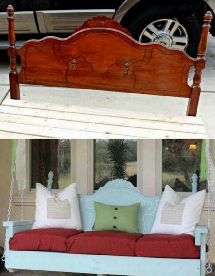 Используй деревянное изголовье старой кровати в качестве основы для качелей!