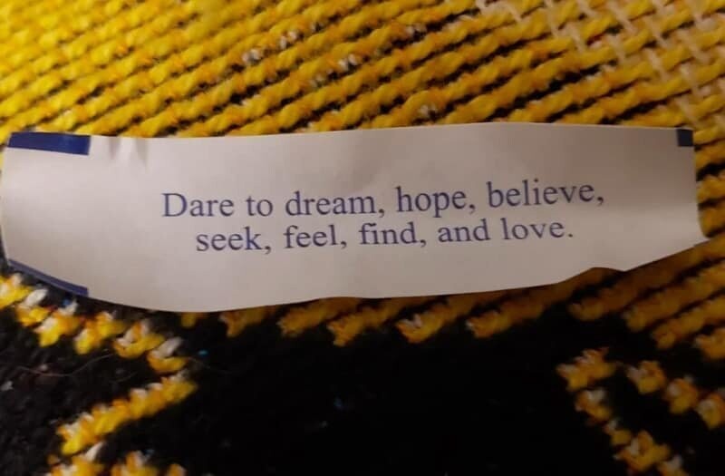 1. Печенька, которая советует все и сразу: "Позволь себе мечтать, надеяться, верить, искать, чувствовать, находить, и любить"
