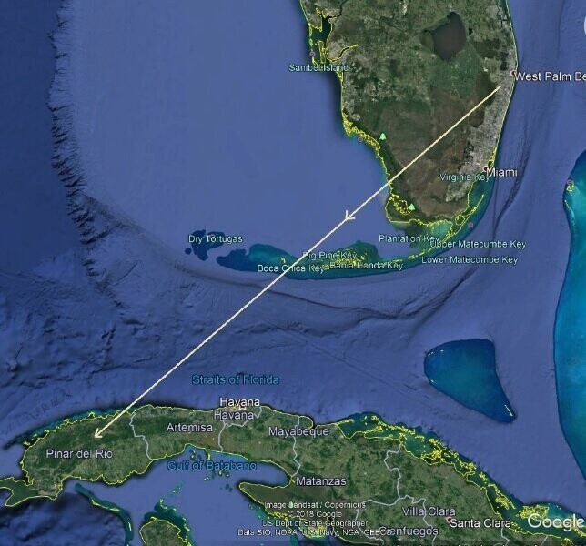 Траектория падения метеорита от Флориды до Кубы