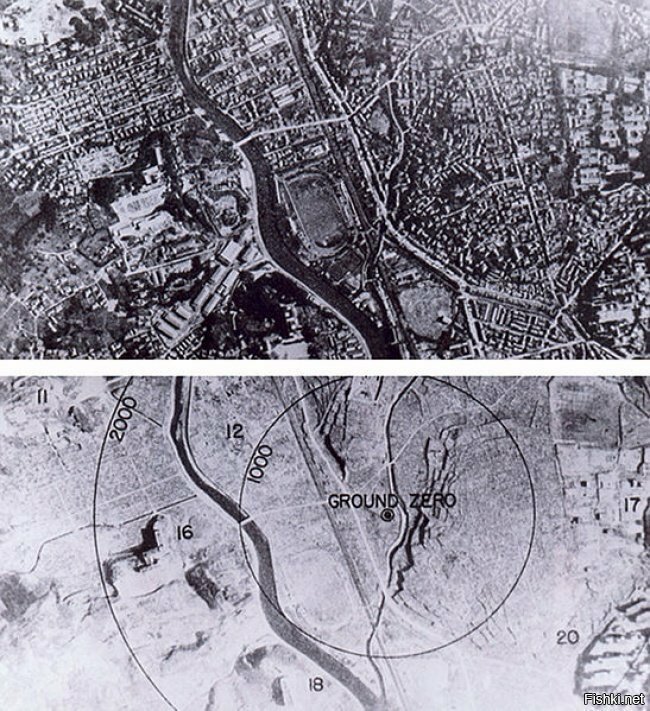 Нагасаки до и после взрыва атомной бомбы, 1945