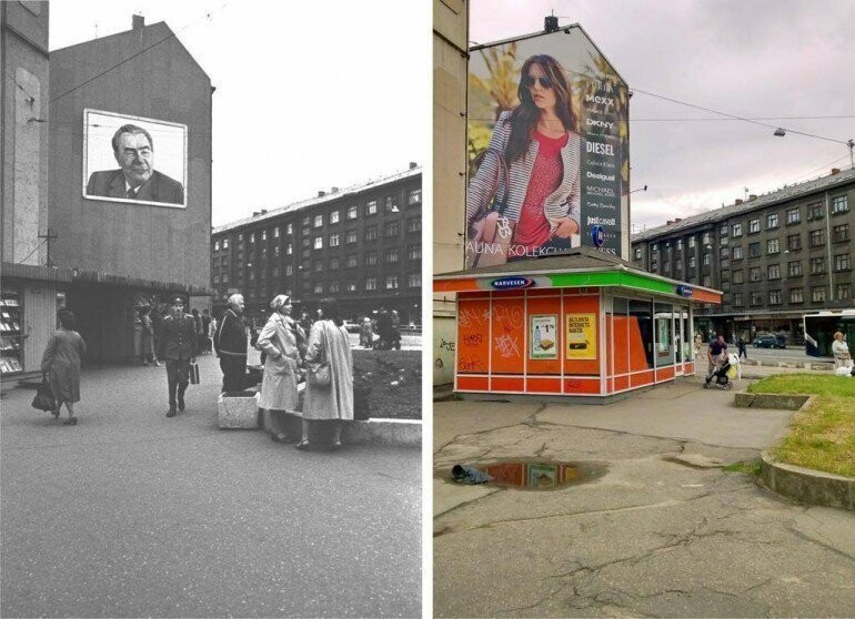 Перекресток улиц Бривибас, Матиса и Миера. Конец 70ых и 2014 год