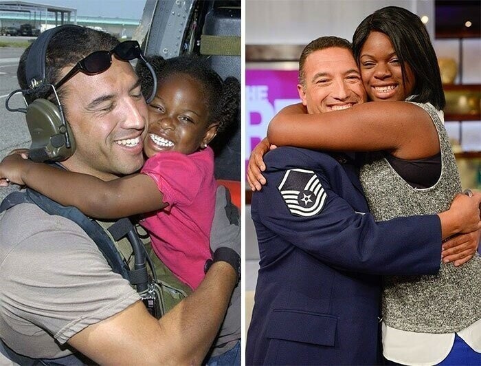 Девочка встретилась с человеком, спасшим ее во время урагана Катрина. Разница в фото 10 лет.