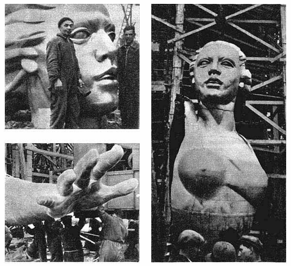 "Рабочий и колхозница" - Монумент предназначался для павильона СССР на международной выставке в Париже в 1937 году, его спроектировали и собрали в Москве, затем разделили на 65 частей и перевезли во Францию, где провели монтаж вторично.