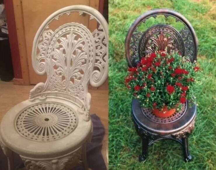 "Купила этот старый никому ненужный стул на дворовой распродаже за 1 доллар зная, что из него выйдет отличная подставка для растений"