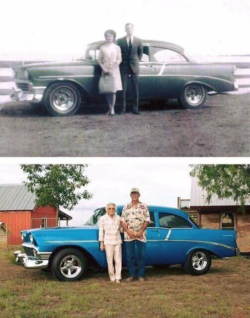 2. «Женатая пара, которая сфотографировалась в 1959 и в 2009 около одной и той же машины»
