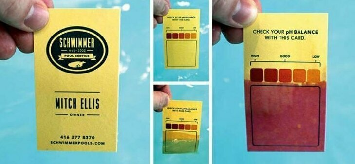 Визитка компании, занимающейся обслуживанием бассейнов, напечатанная на специальной pH-бумаге