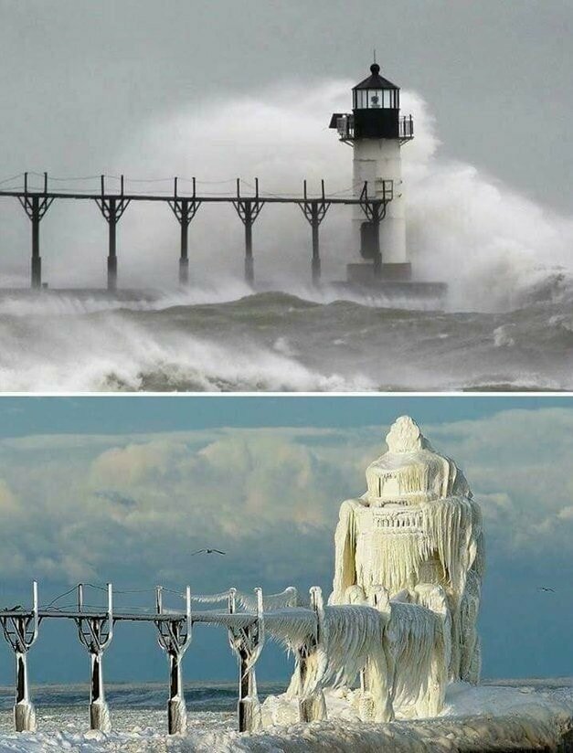 17.  «Маяк в Мичигане до и после ледяной бури»